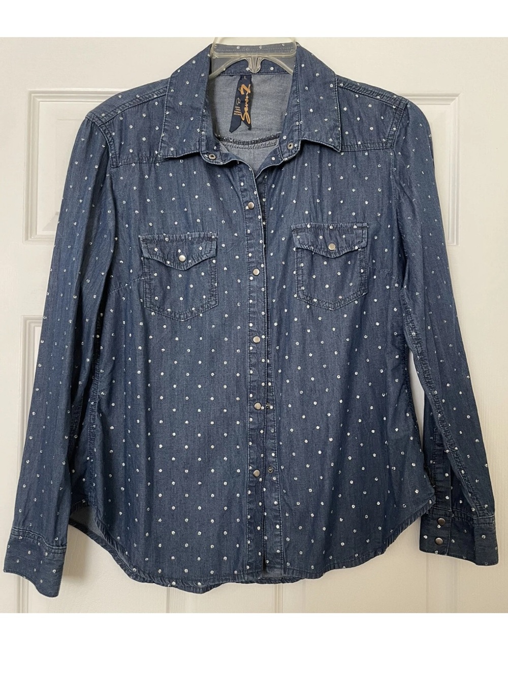 Seven7 Dark Denim Polka-dot Women’s Button Down Shirt Size L